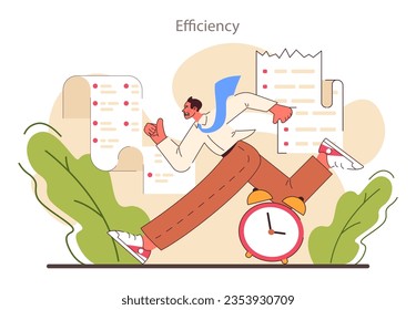 Efficiency. Optimization of working time of the character. Effectiveness of employees' work. Career progress through competent time management. Flat Vector Illustration