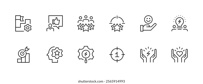 Efficiency outline icon collection. Productivity, competence, success, quality, vision, creativity, creativity, consistency and more. Editable stroke. Pixel Perfect. Grid base 32px.
