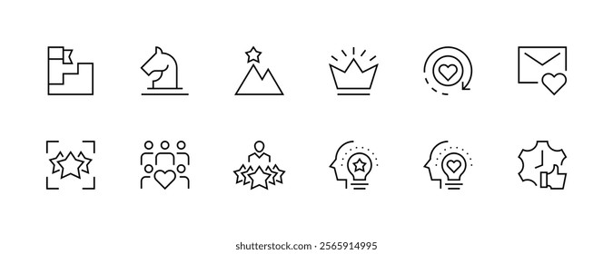 Efficiency outline icon collection. Productivity, competence, success, quality, vision, creativity, creativity, consistency and more. Editable stroke. Pixel Perfect. Grid base 32px.