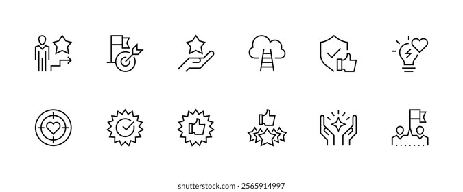 Efficiency outline icon collection. Productivity, competence, success, quality, vision, creativity, creativity, consistency and more. Editable stroke. Pixel Perfect. Grid base 32px.