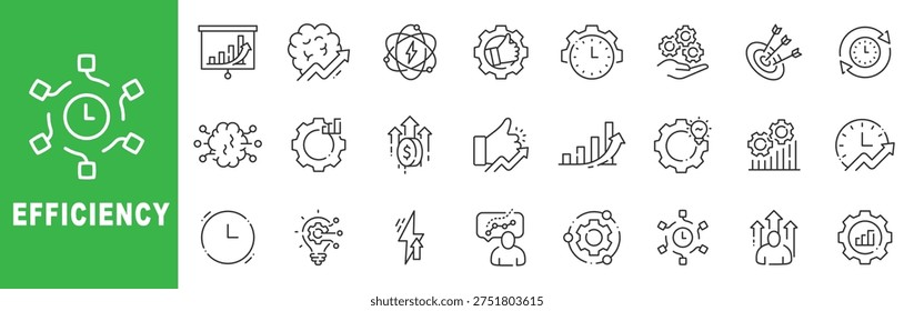 Efficiency outline icon set featuring productivity, optimization, workflow, time management, automation and performance improvement symbols editable stroke line design
