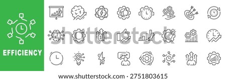 Efficiency outline icon set featuring productivity, optimization, workflow, time management, automation and performance improvement symbols editable stroke line design
