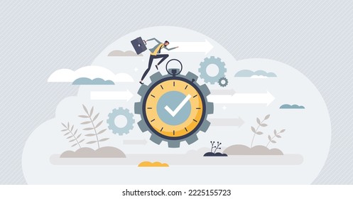 Efficiency with precise and effective time management tiny person concept. Work optimization with productive task deadlines schedule and fast performance vector illustration. Increase job progress.