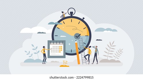 Efficiency with productive process time management tiny person concept. Teamwork and precise schedule with tasks as productivity and effective work vector illustration. Monthly priority planning.