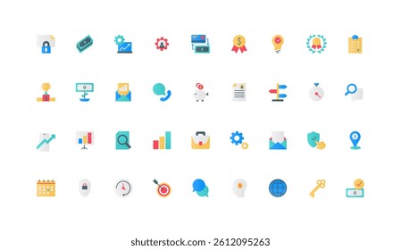 Efficiency and productivity of corporate leader, skills of ambitious manager color icon set. Direction of development, key to solving problems, efficient process flat elements vector illustration