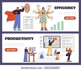 Efficiency and productivity at work, web banners set flat vector illustration. Office employee working on project in team. Concepts of multitasking, time management and success.