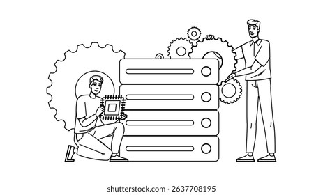 efficiency server upgrade vector. security hardware, software migration, backup redundancy efficiency server upgrade character. people black line pencil drawing illustration