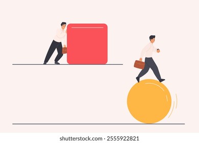 Efficiency of smarter business solution, easy strategy in competition. Tiny people choose to push big cube and run fast on ball, efficient smart businessman on sphere cartoon vector illustration