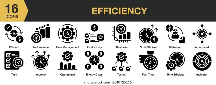 Efficiency solid icon set. Includes automated, business, efficient, energy class, fast time, and More. Solid icons vector collection.