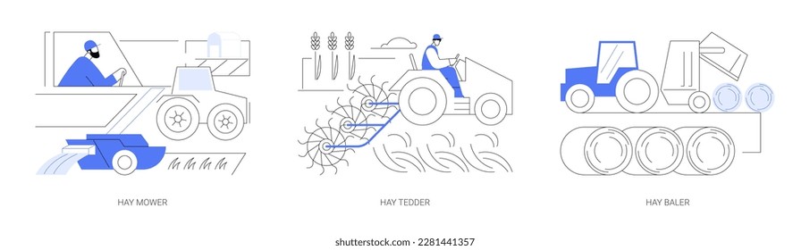 Conjunto de ilustraciones vectoriales de concepto abstracto agronómico eficiente. Hay cortadora, máquina de aireación, rastrillo automático, granjero con baler de heno en el campo, metáfora abstracta de maquinaria agrícola.