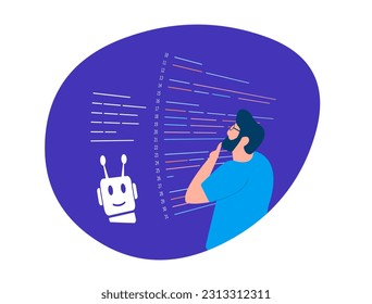 Efficient AI code generation with AI-powered coding chatbot. Man reviews AI-generated code for accuracy and compliance. Boost productivity and ensure error-free programming. AI vs Programmers concept