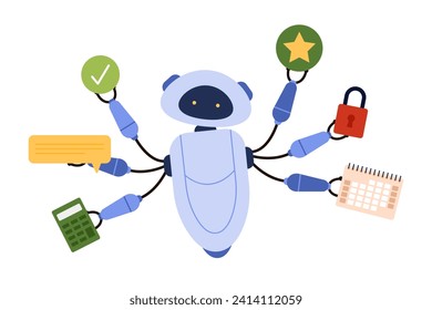 Efficient AI technology to help productivity, innovation system and service for work efficiency. Automation and robotic assistance from multitasking robot with many hands cartoon vector illustration