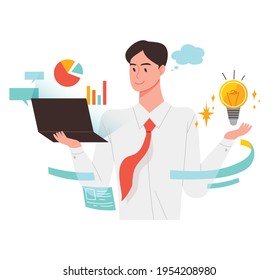 Efficient analysis, a man looking for information and coming up with new ideas. Business concept vector illustration.