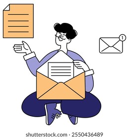 Empresário eficiente organizando correspondência. Um profissional que gerencia cartas e notificações por e-mail. Trabalho de escritório e conceito de comunicação. Ilustração vetorial.