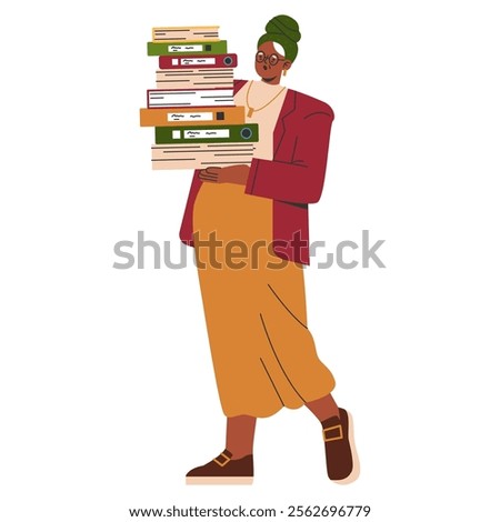 Efficient businesswoman carrying a stack of folders. Hardworking professional with documents. Organized office routine. Vector illustration.