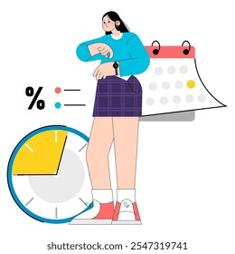 Efficient businesswoman concept. Professional female managing time and tasks. Organization, productivity, and deadline visual. Vector illustration.