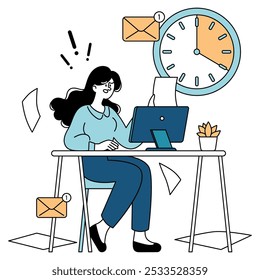 Conceito de mulher de negócios eficiente. Profissional mulher multitarefa em sua mesa, gestão de tempo e e-mails. Ambiente de trabalho produtivo. Ilustração vetorial.