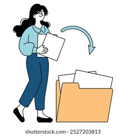 Empresária eficiente organizando documentos. Fluxo de trabalho de operação e gerenciamento de arquivos do Office. Arquivamento profissional, organização da papelada e categorização de dados. Ilustração vetorial.