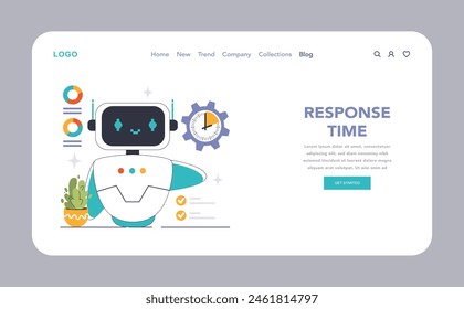 Efficient Chatbot web or landing. A robotic assistant optimal response time, emphasized by a ticking clock, and completed tasks. The blend of automation and user experience. vector illustration