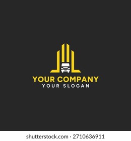 Logotipo eficiente da entrega da cidade simbolizando o transporte rápido com uma caminhonete.