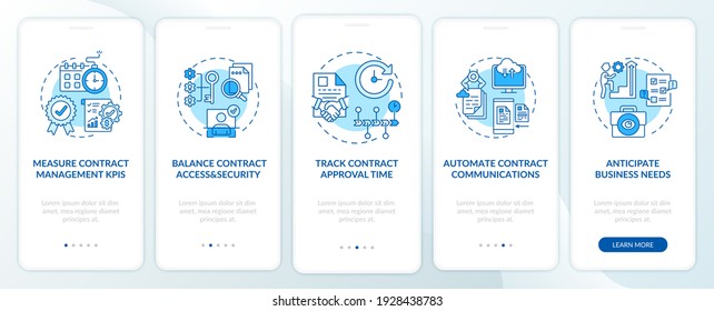 Eficiente Gestión de Contratos da consejos a la pantalla de la página de la aplicación móvil con conceptos. Recorrido de configuración de contrato con instrucciones gráficas de 5 pasos. plantilla de vector de interfaz de usuario con ilustraciones de color RGB