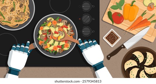 Efficient cooking robot preparing lunch at home and mixing vegetables in a pan, top view, automation and robotics concept
