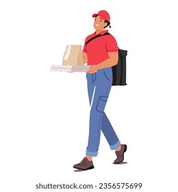 Efficient Courier Service Delivering Food Packages To Doorstep. Deliveryman Character Ensuring Freshness And Timely Delivery, From Local Restaurants At Home. Cartoon People Vector Illustration