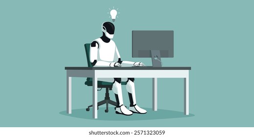 Efficient creative humanoid AI robot sitting at the office desk and working, automation and artificial intelligence concept