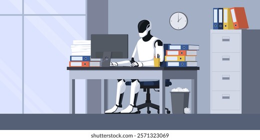 Efficient creative humanoid AI robot sitting at the office desk and working, automation and artificial intelligence concept