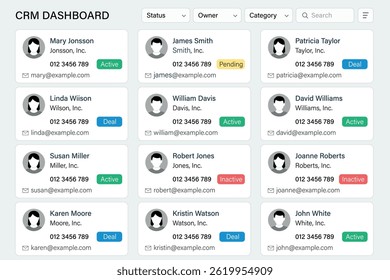 Efficient CRM dashboard featuring client cards, category filters, and status tracking tools.