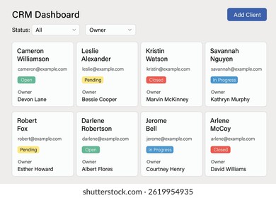 Efficient CRM dashboard featuring client cards, category filters, and status tracking tools.