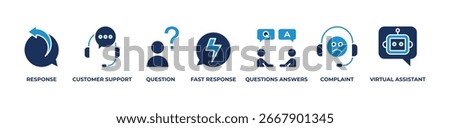 Efficient Customer Care Icons set vector illustration blue with Response, Customer support, Question, Fast response, Questions answers, Complaint, Virtual assistant