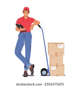 Efficient Delivery Service. Courier Male Character Effortlessly Maneuver Trolley With Carefully Packaged Carton Boxes And Recipe Ensuring Prompt And Secure Shipping. Cartoon People Vector Illustration