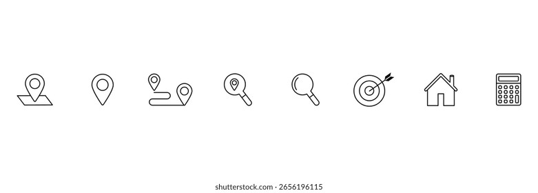 Efficient digital navigation and home interface tools for search location map route destination travel property business vector icon illustration set.