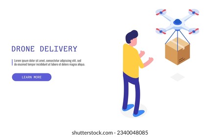 Efficient drone delivery service. A drone successfully delivers a box to a delighted male customer. Isometric vector web banner.