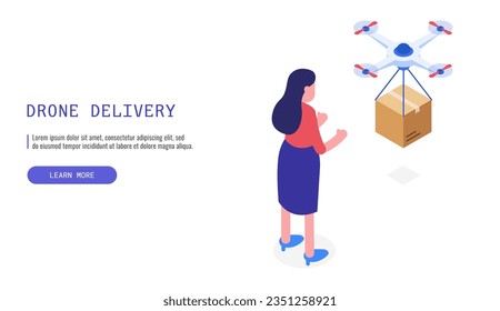 Efficient drone delivery service. A drone successfully delivers a box to a delighted female customer. Isometric vector web banner.