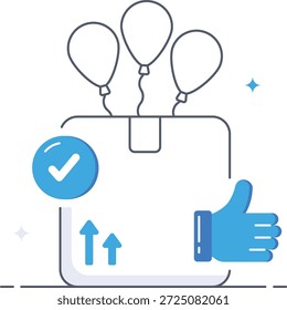Eficiente servicio de entrega de ecommerce con una caja de paquetes con globos de celebración y símbolos de Comentarios positivos en una Ilustración vectorial plana isométrica.