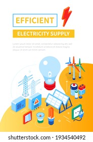 Efficient Electricity Supply - Modern Colorful Isometric Web Banner With Copy Space For Text. Energy Saving, Lighting Equipment. Illustration With Lightbulbs, Wind Turbines, Solar Panels, Batteries