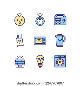 Efficient energy consumption pixel perfect RGB color icons set. Smart devices for home. Internet of things. Isolated vector illustrations. Simple filled line drawings collection. Editable stroke