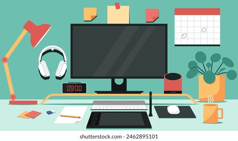 Efficient Home Office Setup with Computer Blank Screen, Graphic Tablet, and Modern Design Gadget for a Comfortable and Productive Workspace, Flat Vector Illustration Design