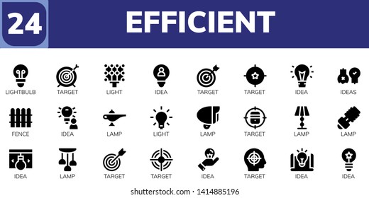 efficient icon set. 24 filled efficient icons.  Simple modern icons about  - Lightbulb, Target, Light, Idea, Ideas, Fence, Lamp