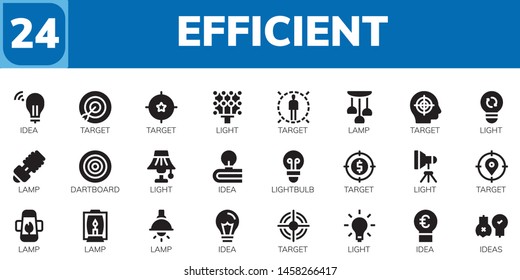efficient icon set. 24 filled efficient icons.  Simple modern icons about  - Idea, Target, Light, Lamp, Dartboard, Lightbulb, Ideas