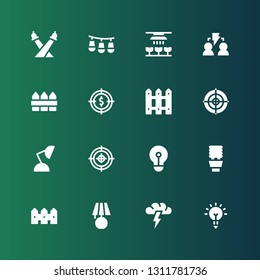 efficient icon set. Collection of 16 filled efficient icons included Inspiration, Brainstorming, Lamp, Fence, Lightbulb, Target, Dartboard, Light, Lights