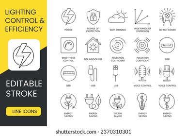 Efficient Lighting and Control Set of line icons in vector, editable stroke, pulsation coefficient, usb and for indoor use, wide range of dispersion, energy saving, brightness control, soft dimming