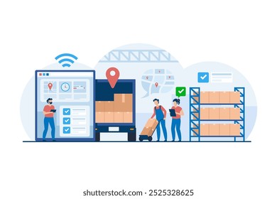 Equipe de Logística Eficiente Gerenciando Operações da Cadeia de Suprimentos. Coordenação simplificada e controle de inventário no armazenamento moderno para soluções otimizadas de transporte e distribuição. Ilustração de vetor