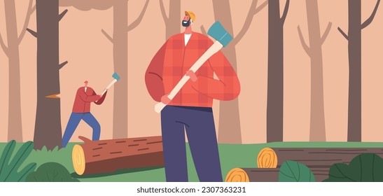 Efficient Lumberjack Team Characters Expertly Cutting Wood, Displaying Precision, Teamwork, And Strength