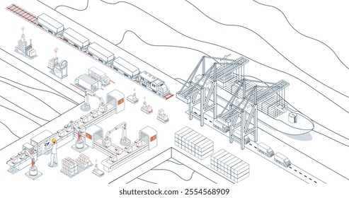 Efficient maritime logistics, Steel containers loaded onto industrial ships by crane, synchronized with warehouse operations. vector illustration eps10