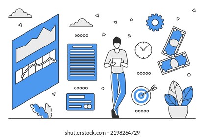 Análisis eficiente de las tendencias del mercado. Pronóstico de forex, plataforma de comercio vector monocolor ilustración