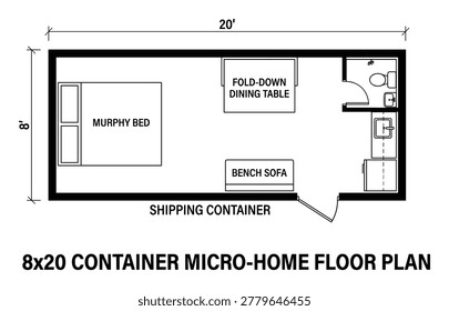 Efficient micro-home floor plan. Features Murphy bed, bench sofa, fold down dining table, kitchenette, bathroom.