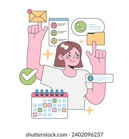 Effizientes Konzept für Büroaufgaben. Frauen, die verschiedene digitale Schnittstellen navigieren: E-Mail, Kontakte, Telefonanruf und Kalender. Produktivität im digitalen Zeitalter. Flache Vektorgrafik.